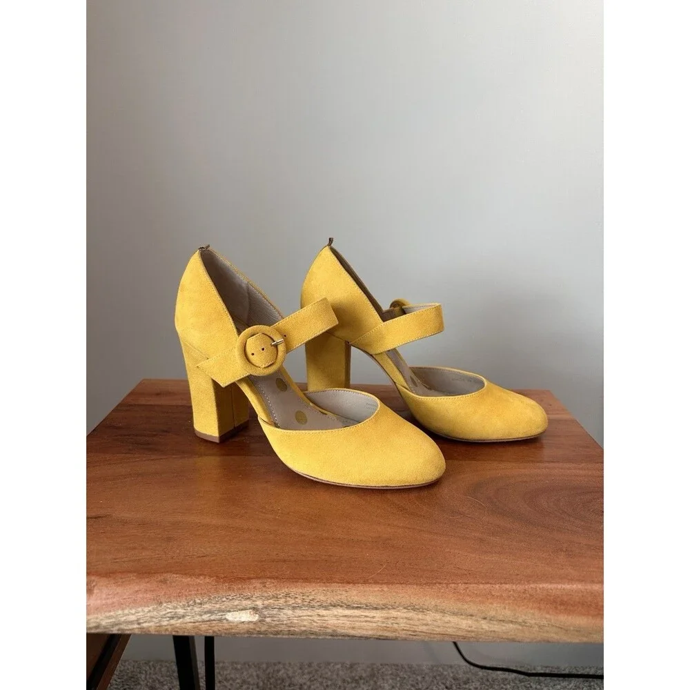 Boden Evie Yellow Suede Round Buckle Strap Block Heel Pumps Shoes EU37.5